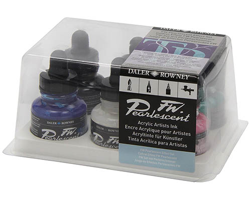 Daler-Rowney FW Acrylic Artists Ink Set, 1 oz. Bottles, Pearlescent Colors