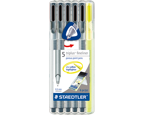 Staedtler Triplus Fineliner Set   5 Black Pens + 1 Yellow Highlighter