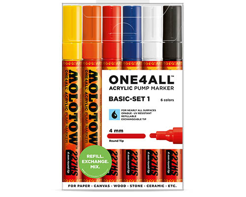 Molotow ONE4ALL Acrylic Pump Marker  Basic Set 1  6 Markers 4mm Tip