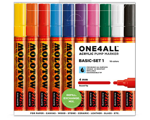 Molotow ONE4ALL Acrylic Pump Marker  Basic Set 1  10 Markers 4mm Tip