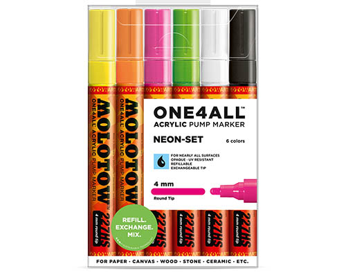 Molotow ONE4ALL Acrylic Pump Marker  Neon Set  6 Markers 4mm Tip
