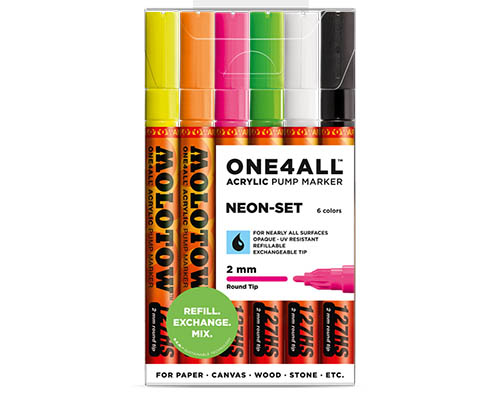 Molotow ONE4ALL Acrylic Pump Marker  Neon Set  6 Markers 2mm Tip