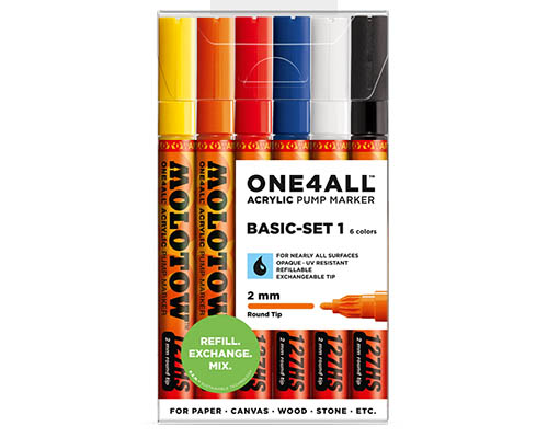 Molotow ONE4ALL Acrylic Pump Marker  Basic Set 1  6 Markers 2mm Tip