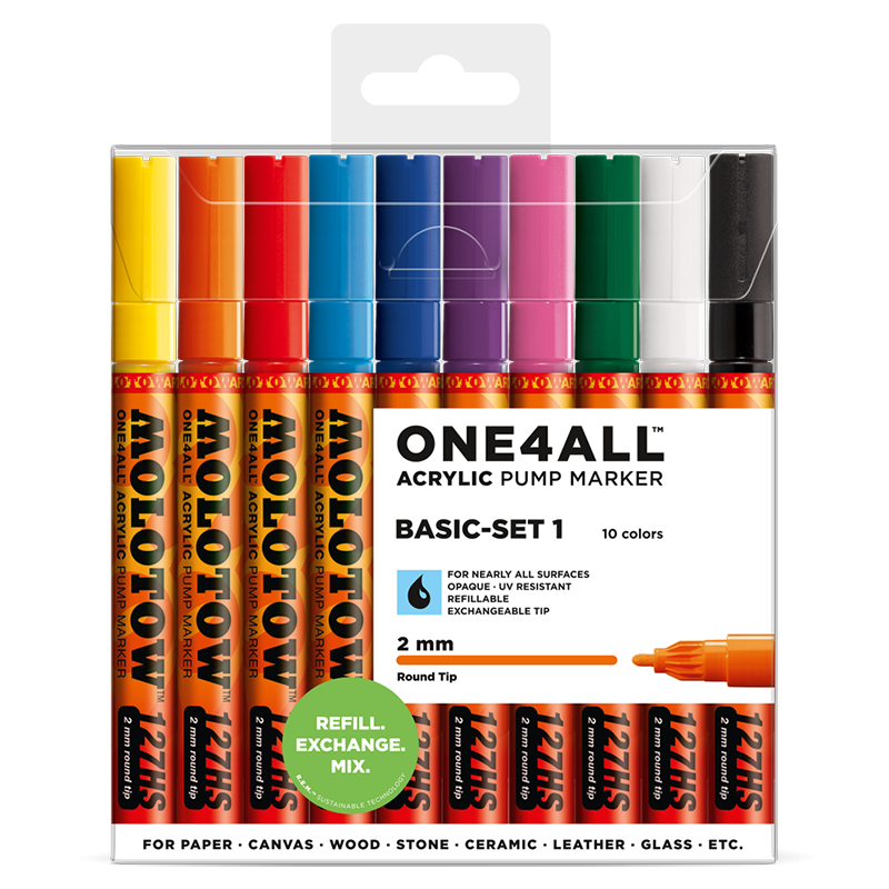 Molotow ONE4ALL Acrylic Pump Marker  Basic Set 1  10 Markers 2mm Tip