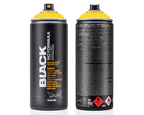 Montana BLACK Spray Paint  400mL Can  Kicking Yellow