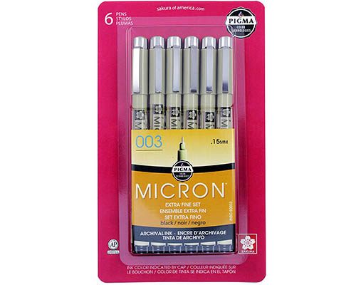 Sakura Pigma Micron – Black Extra Fine Pen Set – 003 (0.15mm) Nibs – 6 Pens
