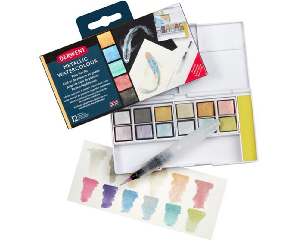 Derwent Metallic Watercolour Paint Pan Set of 12 + Waterbrush