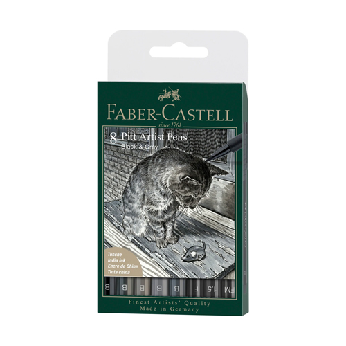 Faber-Castell PITT Artist Black & Grey Pen - Wallet Set of 8