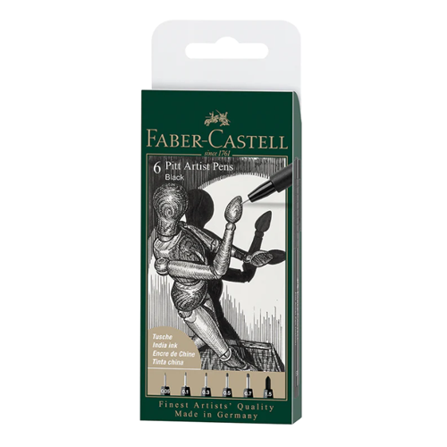 Faber-Castell Pitt Artist Pens - Black - Wallet Set of 6 Fineliners