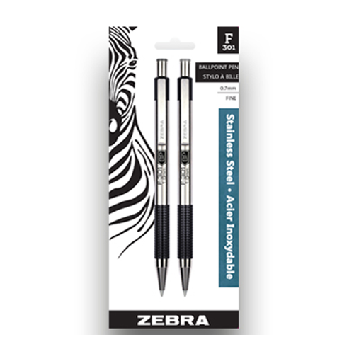 Zebra Pen F-301 ballpoint stainless steel retractable pen, 0.7mm, black  ink, 2-pack 