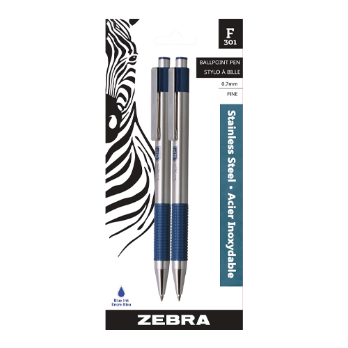 Zebra F-301 Retractable Ballpoint Pen, Fine, Blue Ink, 2 pack