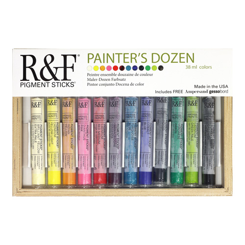 R&F Painter's Dozen Pigment Stick Set  38mL  12 Sticks + 1 Ampersand Gessobord