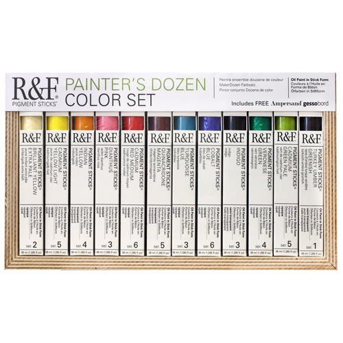 R&F Painter's Dozen Pigment Stick Set  38mL  12 Sticks + 1 Ampersand Gessobord